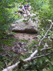 boulder with boys on it, visible through opening among crushed branches