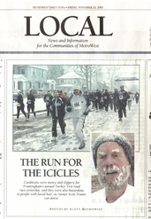 newspaper clipping from The MetroWest Daily News showing a crowd of runners in the snow, and another close-up shot of Scott,s face with snow plastered to the eyebrows and beard